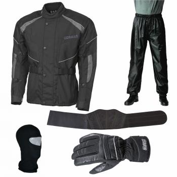 Germas Motorrad- / Roller- Starterset 5tlg. (Jacke, Regenhose, Handschuh, Nierengurt, Sturmhaube) schwarz / XL